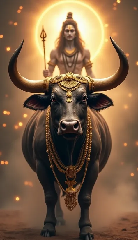 A majestic, powerful bull, adorned with golden ornaments, standing in front of Lord Shiva. The bull is not just an animal, but symbolizes devotion and meditation. The background shows a spiritual, divine aura, with Shiva’s presence radiating around the bul...