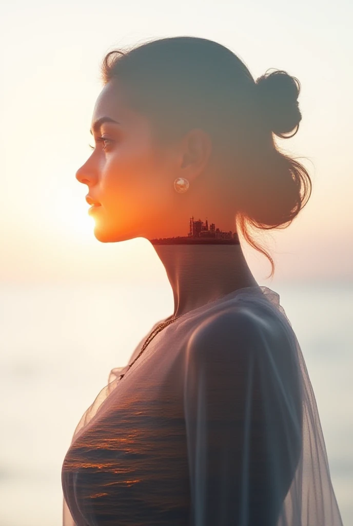 High quality, 8K Ultra HD, Beautiful double exposure combining the silhouette of a goddess and a sunset coast, The sunset coast should be the background, with its details merging into the goddess, Clear lines, Monochrome background, Sharp focus, Double exp...