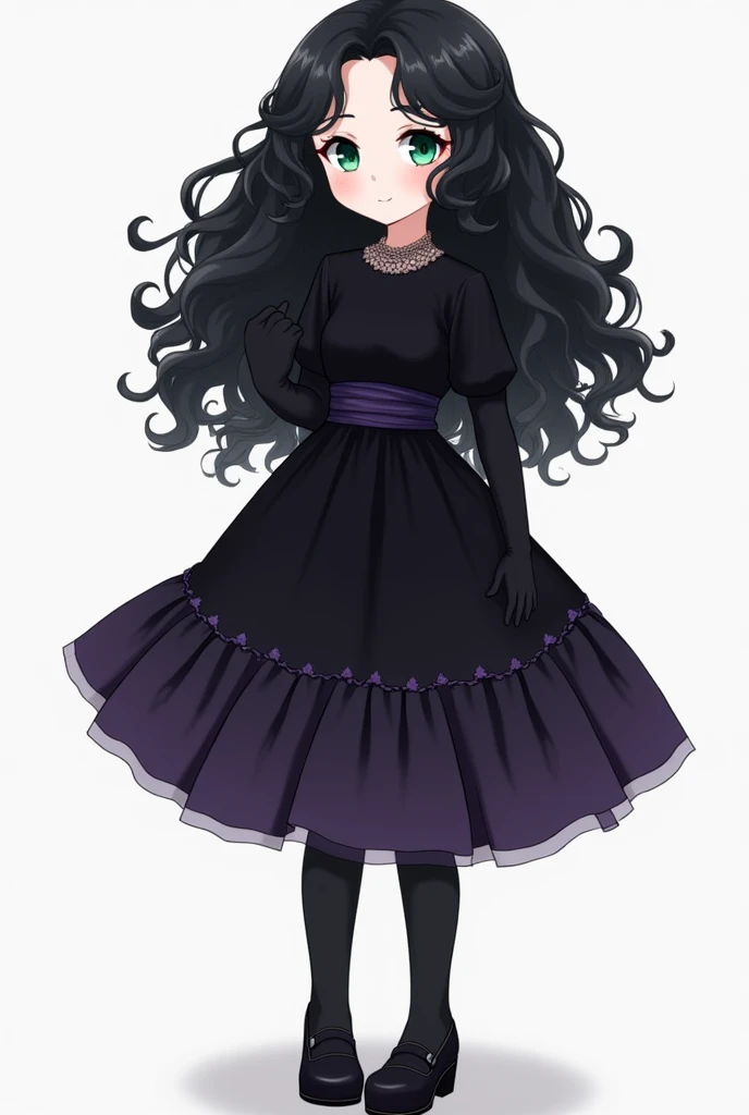  You can create an avatar of a girl of about  ,  with long black curly hair ,  dark emerald green eyes , snow-white skin ,  a black dress with small purple folds ,  elbow-length black gloves ,  black shoes and knee-length black tights.