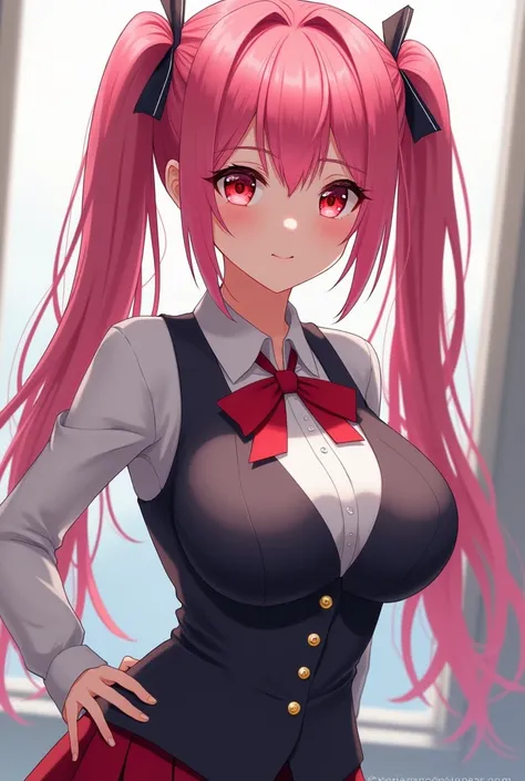  very pretty anime girl 、 pink hair and red eyes 、 in uniform with a sexy body is staring at me。Sorojada big bust ,  high definition ,  Hair ties, 