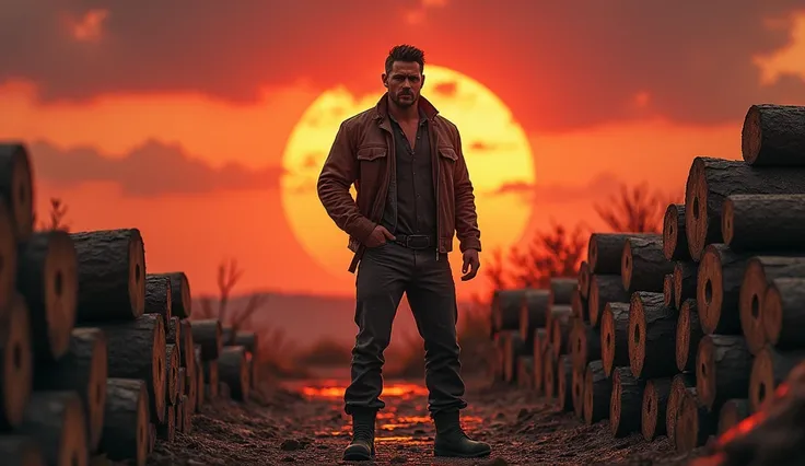 "A rugged man with a fierce expression, dressed in simple yet charismatic attire, standing confidently amidst a pile of red sandalwood logs, with a burning sunset in the background."