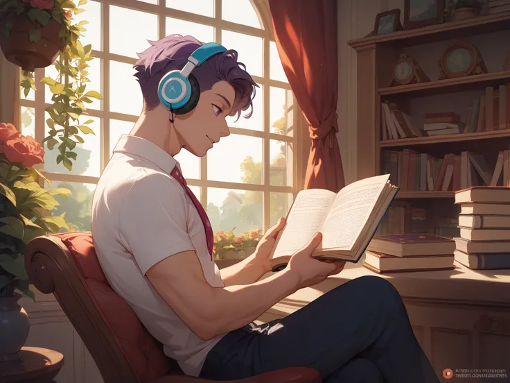 create a 2D animated character image of a teenage boy sitting on a chair wearing headphones reading a book on the terrace of a house with a beautiful garden, use a point of view from the side of the character, twilight background