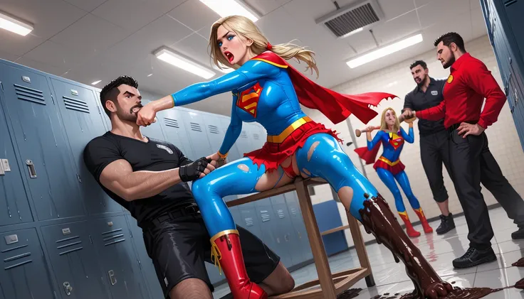 wide angle, 18+ Figures, Double Penetration, locker room, mud, dirty, dark rainy night, rape, Supergirl, upturned nose, blue eyes, full lips, makeup, red lipstick, Supergirl costume blue latex torn top with mini red skirt and torn black pantyhose, red high...