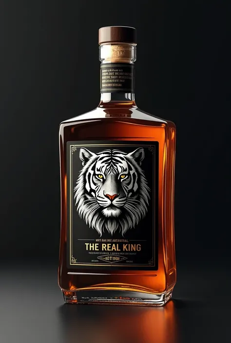 I am going create a whiskey bottle  label brand that name is "THE REAL KING" and tagline is , THIS BRAND IS UNIQUE AND VERY FAMOUS. I am thinking BLACK and white color background and gold color text color scheme. Im hoping a luxury AND perfect KING TIGER i...