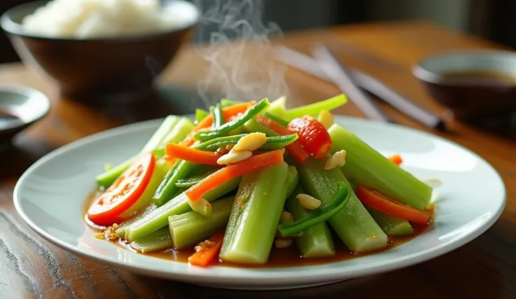 "A vibrant and appetizing image showcasing a stir-fried celery dish. The celery is sliced into crisp, diagonal pieces and stir-fried to a bright green perfection, retaining its crunch and freshness. It is complemented with thinly sliced carrots and bell pe...