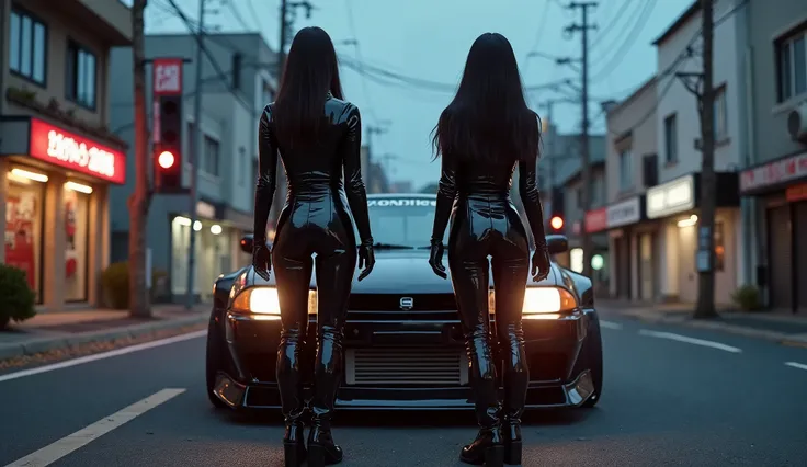 realistic photo , 2 fetish asian woman standing , wearing shinny pvc jumpsuit , shinny pvc jacket , wearing shinny pvc thigh high boots , shinny pvc long gloves , in japanese street at dusk with nissan s15 drift