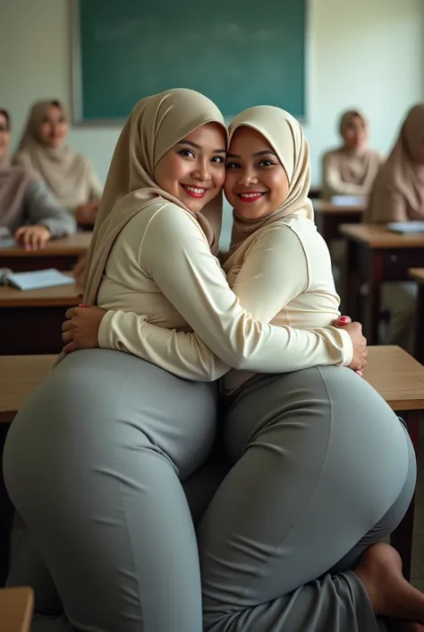 TWO (2) indonesian aunty , Wearing a cream colored pasmina hijab ,  wearing a long tight cream-colored shirt,and (( wear a long tight skirt of gray color )), 
large round buttocks ,  bulging round breasts , thick red lips , sensual smile face  ((staring in...