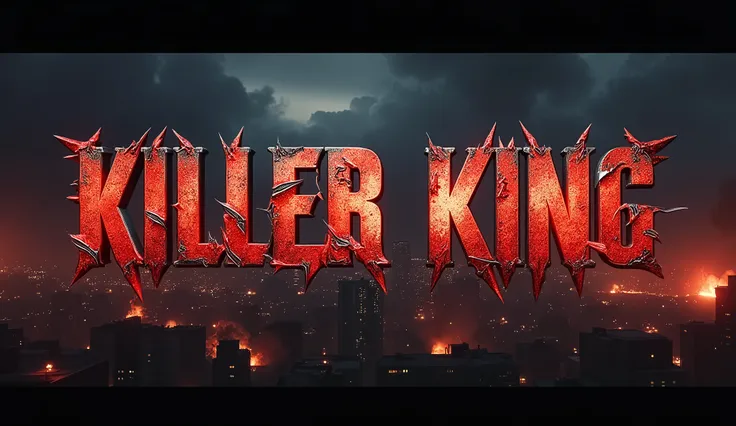 "A high-impact title design for the movie Killer King, reflecting the intensity and grandeur of a high-budget action film. The words Killer King should be styled in bold, sharp metallic lettering with a mix of dark gunmetal and fiery crimson gradients, sym...