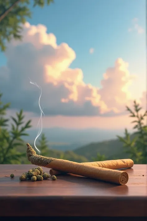 A fat joint on the table beautiful sky in the background 