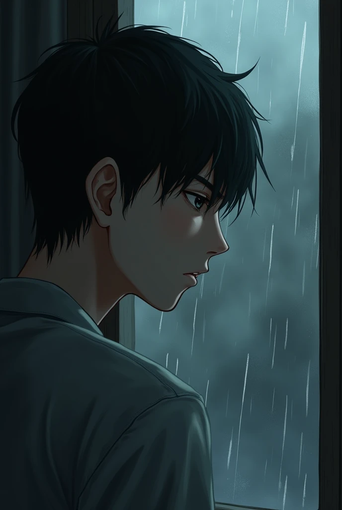 A young man with short hair looks into the raining window with a sad expression, the face is clearly visible and visible close 