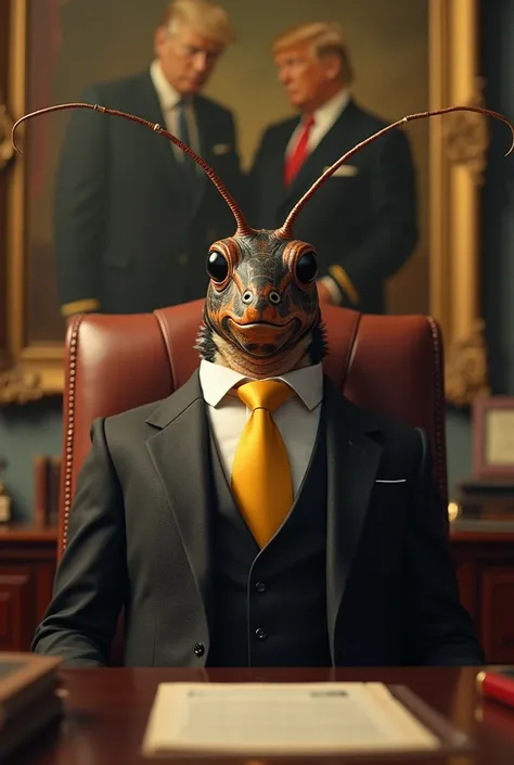  Milton the cockroach poses in a fine suit , Italian tailor-made , His yellow tie is a striking feature of his ,  Milton is lying on his office desk posing looking at the camera .  In his exquisite office Milton proudly bears a painting in the background o...