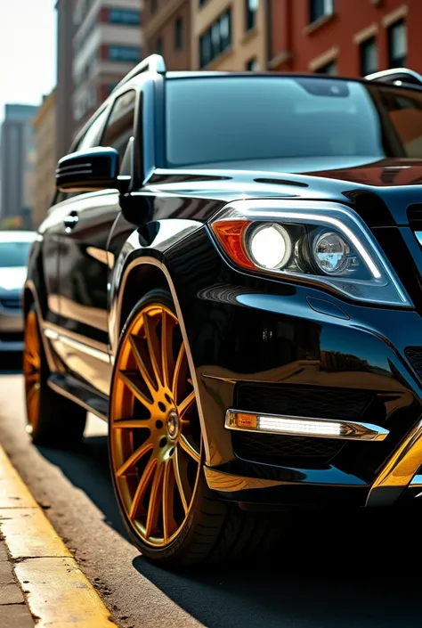 Full, centered photo of a Mercedes-Benz GLK-Class interior, shiny polished metal color bright black, the paint reflects everything around it,  Texas city,  big wheel, golden wheel,  gold details, Nigeria man in sunglasses driving, neon on car paint, reflec...