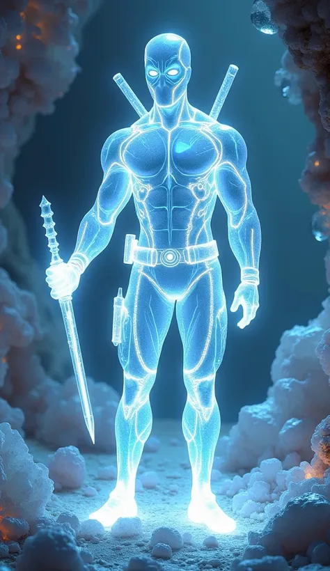 Crystal deadpool:  Transparent white costume with crystal blue accents,  holding a shimmering wand , inside the glowing crystal cave .