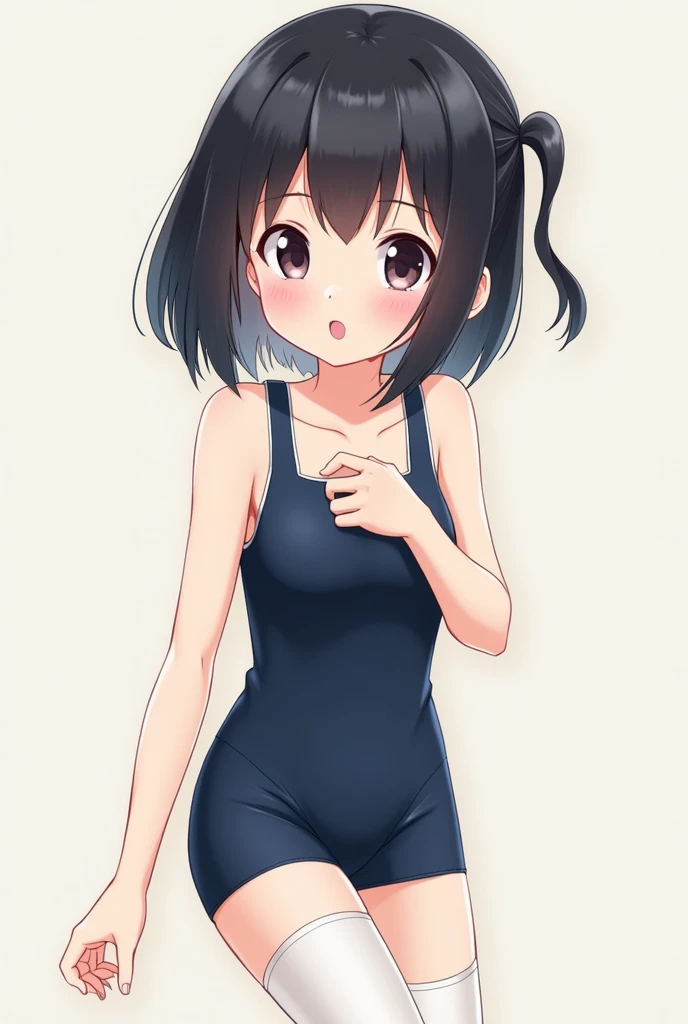 cute, girl, , 6th elementary school student, black hair, Bob- Half up-short ponytail, dark blue school swimsuit, white knee-high socks, medium bust, (((shiny skin))), blush, smile