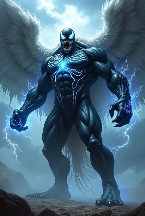  An imposing figure that merges Venom and Zeus into a supernatural and majestic creature .  The upper part of his body is robust and muscular ,  with dark, viscous skin that glides like Venoms symbiotic ,  with bright black veins running through .  His fac...