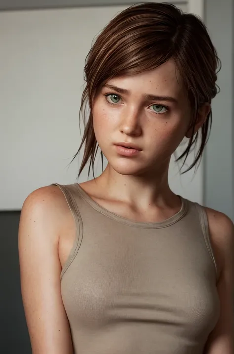 hyperealistic contrasted photo, portrait of 
 , ellie from the last of us, low ponytail,
turn head (look at the viewer, eye contact:1.3) (face closeup:1.5)
red fancy balenciaga trapezoid dress
(parted lips:1.1)
(upper body:1.5) (contrapposto:1.3), profile,...