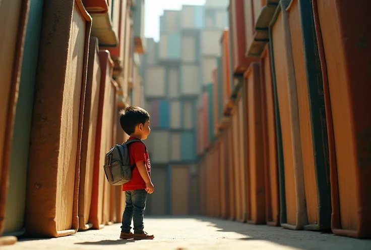 Give me a close-up artistic photo of giant books arranged vertically next to each other like a maze. Some of the books are open. A tiny Vietnamese boy wearing a backpack is standing looking up at the giant books.