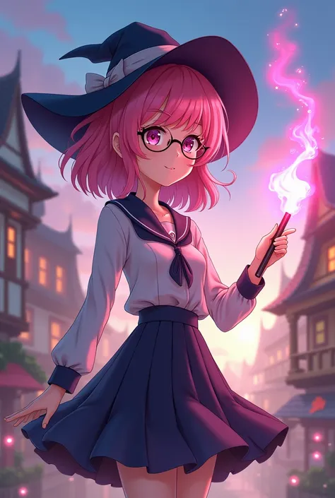 Anime girl witch glasses pink hair uniform witch and magic pink flame on wand in town fantasy pinklight