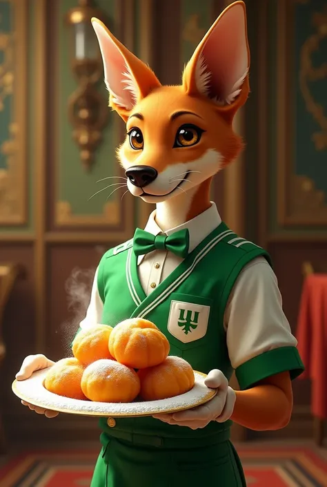 An ultra-realistic 8K illustration of a hybrid creature embodying Nigeria, with a human body and the proud, noble head of a Basenji dog. Its short, glossy fur gleams under the soft light, and it wears a stylish waiter outfit with green and white accents re...