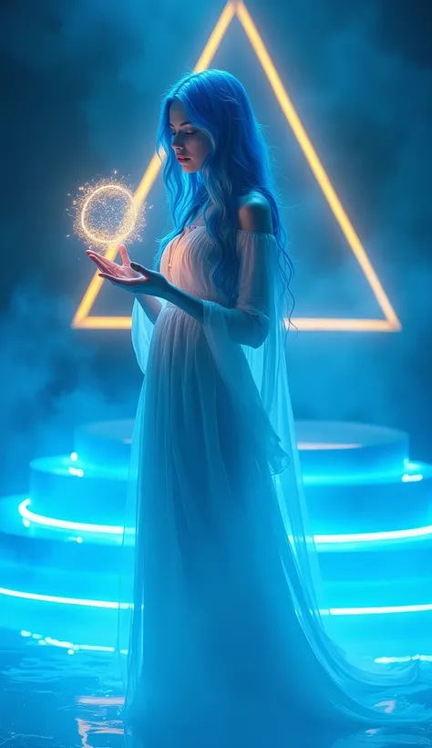 Blue Hair、woman, Rainbow colours Anonymous glowing thing in her hand ,White Dress、blue lit stage,yellow glowing triangle in background,woman full showing