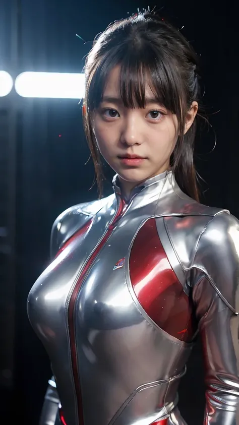 Ultraman、realistic、realistic、cinematic lighting, Girl in a shiny red and silver suit、、professional photos、Don&#39;Do not expose your skin, japanese model, japanese cgi、Ultraman Suit、, Power Rangers Suit、tight and thin cyber suit,Whole body rubbery、There&#3...