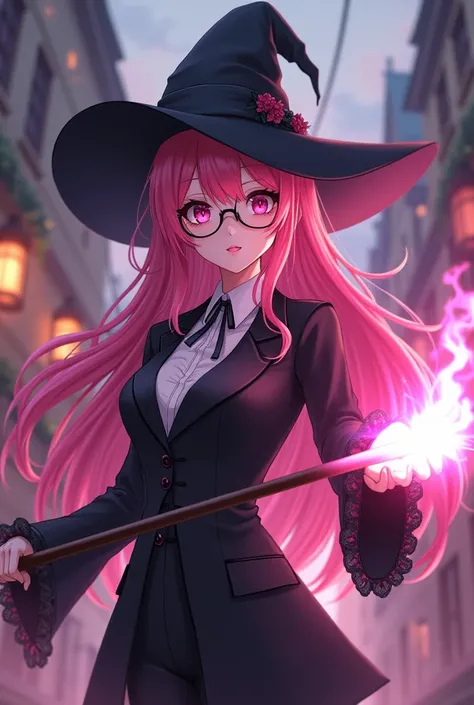 Anime girl witch glasses pink hair blacksuit Medium bust and magic pink flame on long wand in town fantasy pinklight