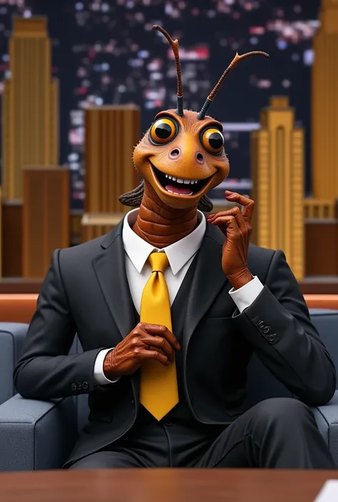  Milton the cockroach poses in a fine suit , Italian tailor-made , His yellow tie is a striking feature of his ,  sentado no sofá do talk show de Jimmy Fallon , both are relaxed laughing at the joke that Milton told.