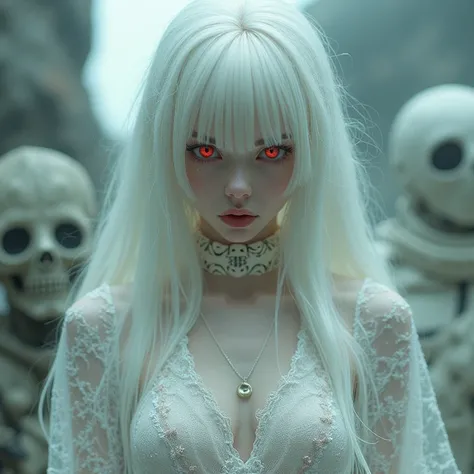 White Hair, White women,  red eyes,  white lace dress , (( top quality )), ((masterpiece)), (  Details),  cyberpunk, Mecha, ((  Japanese girl )),  surreal, Art Nouveau, In Morbiuss depiction style, Mysterious, medium breasts,  clevis on a stone,  sexy, Obe...