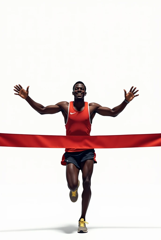 Image of an African vibrant young man finishing a race line successful in a white background