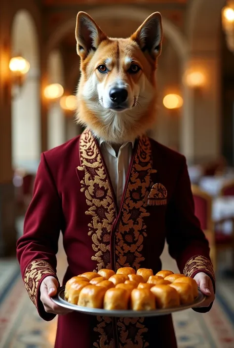 "An ultra-realistic 8K portrayal of a hybrid creature representing Turkey, featuring a human body and the majestic head of an Anatolian Shepherd Dog with short, sandy-colored fur. It wears a deep burgundy waiter uniform with intricate golden embroidery ins...