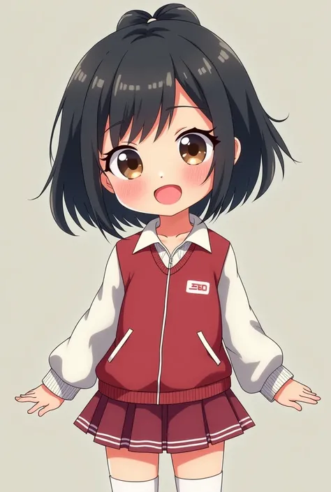 cute, girl, , 6th elementary school student, black hair, Bob- Half up-short ponytail, school track suit, white knee-high socks, medium bust, (((shiny skin))), blush, smile