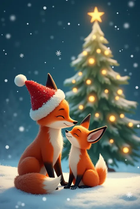 A mom fox with a hat on her head and her fox cub. A Christmas tree, la nuit, it&#39;s snowing, stars