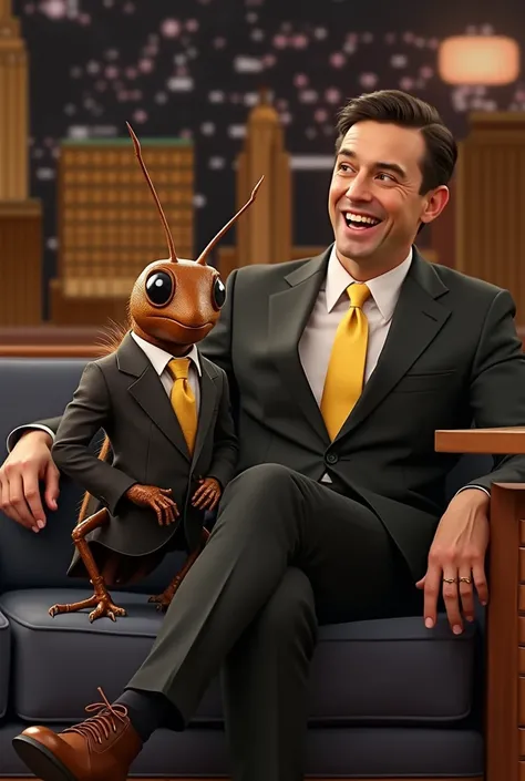  Milton the cockroach poses in a fine suit , Italian tailor-made , His yellow tie is a striking feature of his ,  sentado no sofá do talk show de Jimmy Fallon ,  both are relaxed laughing at the joke that Milton told. The image frames Milton and Jimmy  