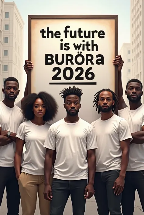 Black Men and women holding billboard with words on them The future Is with Burora 2026 with white tshirts 