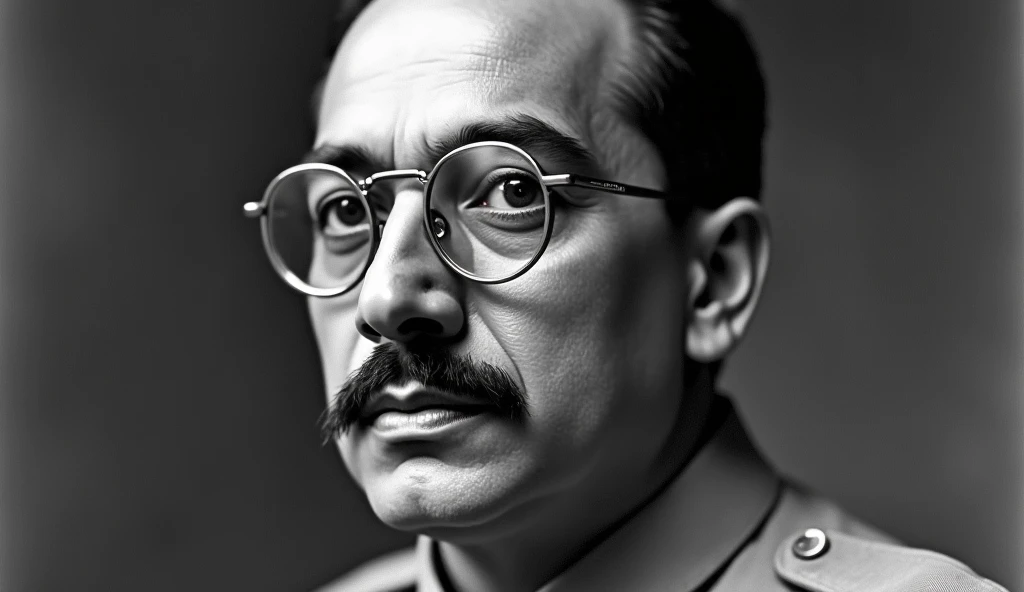 Certainly! Heres a descriptive text in D format (Direct) for a video or image description:

"Witness the resolute face of Netaji Subhas Chandra Bose, Indias fearless freedom fighter. Captured in timeless black-and-white, his sharp eyes, high cheekbones, an...