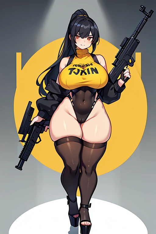 exited, smile showing teeth, angry look , young girl, Pullover, whole body to see, ponytail hair, bangs covering eyes, (( very wide hips)), (((colossal Thighs, gigantic thighs, very huge thighs, very big thighs))), fullbody, open toe platform heels, ((pale...