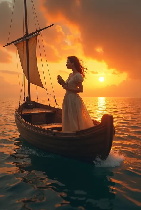 "A small wooden boat cutting through calm ocean waters under a vibrant sunset. A determined young woman with windswept hair stands at the bow, clutching a compass and the old map. The horizon is filled with golden and orange hues, with the hint of an eerie...