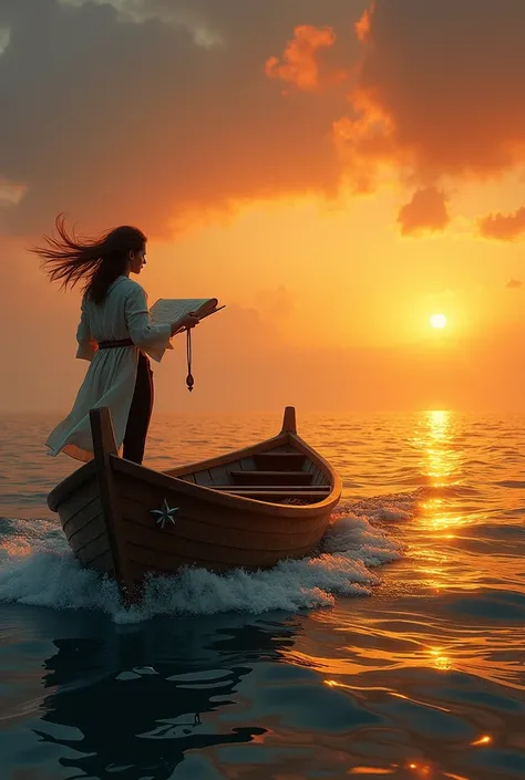 "A small wooden boat cutting through calm ocean waters under a vibrant sunset. A determined young woman with windswept hair stands at the bow, clutching a compass and the old map. The horizon is filled with golden and orange hues, with the hint of an eerie...