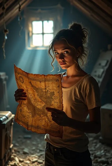 "A dimly lit attic filled with cobwebs, old trunks, and forgotten treasures. A young woman with a curious expression holds an ancient, weathered map with cryptic markings and symbols. Sunlight streams through a small window, illuminating dust particles in ...