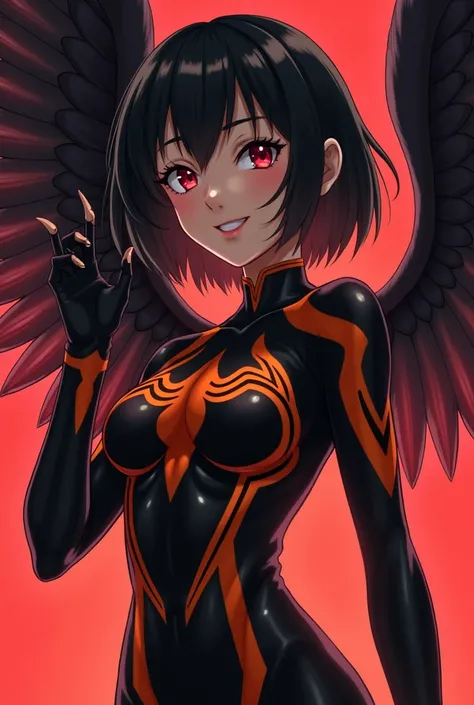  Sagimaru Fumi in an anime-style Venom suit 　  she has short black hair and red eyes 、Im drowning in the power Ive gained and Im smiling、Posing、 She rules everything in this world 、 The tight black Venom bodysuit has an orange pattern、She has wings like a ...