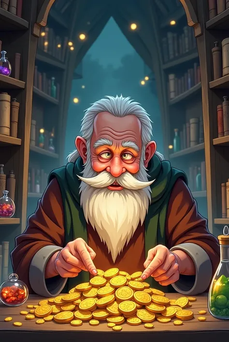 Anime old man in fantasy magicbook shop he is counting gold coins.