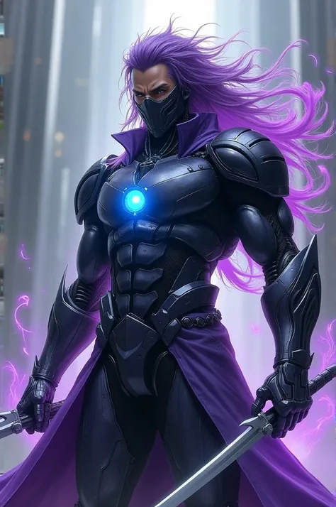 8k,A high quality, high resolution image, detailed picture, a powerful male wearing a cool warrior robotic armour, wearing a eye mask, two powerful blades coming from the hand, purple hair, a small blue hole in the center of the chest, purple radiation aur...