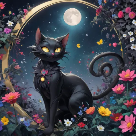 Black Cat、moon、flower、 Fantastic