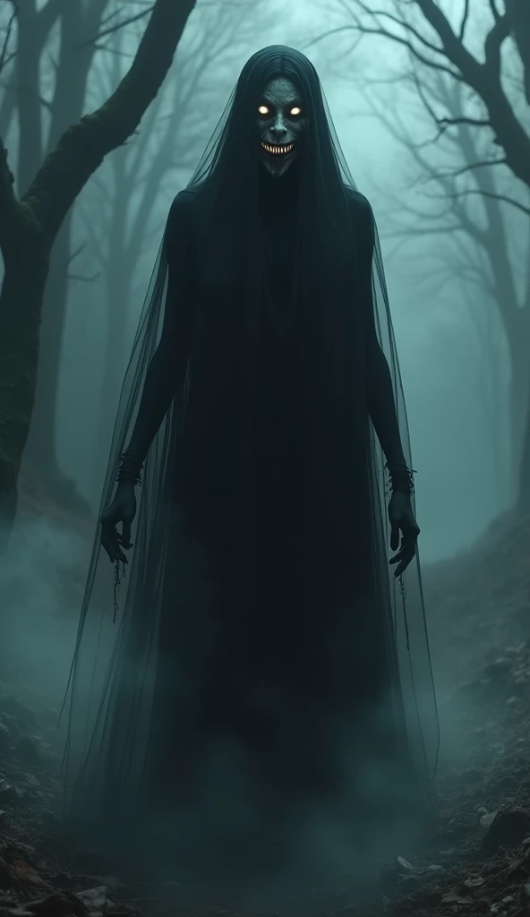 "An ultra-realistic image of La Llorona, a malevolent female spirit, wandering through a misty, moonlit forest. She is a tall, ethereal figure draped in a flowing, black gown, soaked and tattered from years of wandering. Her entire face is obscured by a sh...