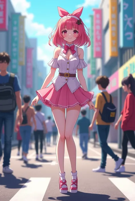 (( top quality )), ((masterpiece)), (  Details), At the Crossroads、 it looks like Puella Magi compares the length of her legs with passers-by. The height of Puella Magi is 180 cm 、Puella Magis legs are 120 cm long. 　The age of Magical Girl is  　 cute　 Beau...