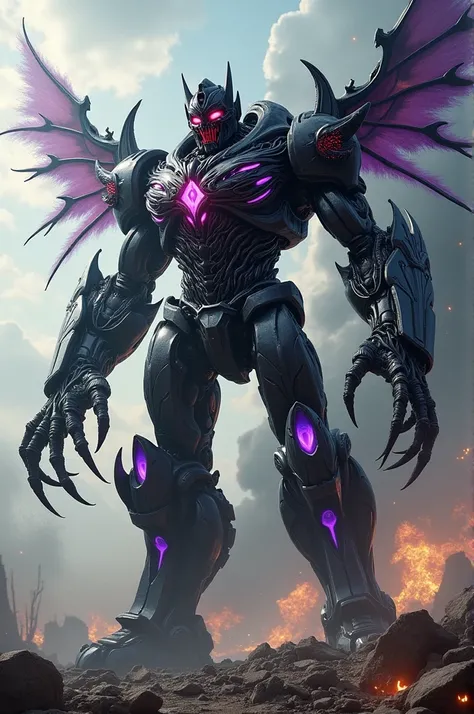  A gigantic and fearsome hybrid creature ,  merging the darkness of Venom with the ruggedness of Optimus Prime .  The body of the beast is a friend technology algam and symbiote ,  with a metallic structure similar to that of Optimus Prime ,  but covered b...