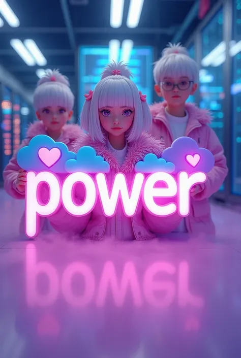 8k image ., 2 male , 1 female , asian , white hair , blurred , background is futuristic neon high-tech server room , pink feathered jacket outfit , standing behind a large image ,

vivid 8k of the name "Power" written in a cute, playful style. The letters ...