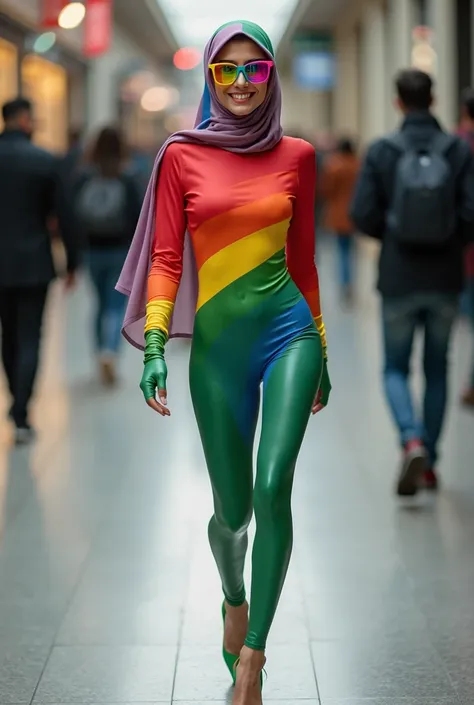  beautiful woman ,  smiling,  wearing a simple hijab the color of the rainbow , wearing rainbow glasses ,
 Wearing a thin latex bodysuit very tight the color of the rainbow stripe,  wearing green high heels  ,
Walking in a public place 
