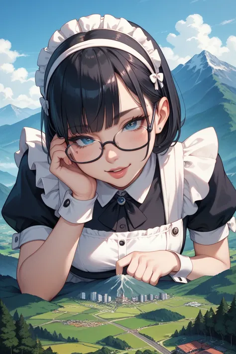 face down　continent size giantess,Bigger than a mountain,,black hear maid,big titis,japanese anime,crush city,glassese、