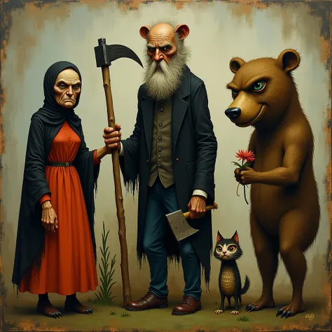 A painting in a darkly whimsical style depicting a group of anthropomorphic characters: a menacing old woman with a scythe, a grumpy-looking man with an axe, a scowling bear, a small, oddly cheerful cat holding a flower, and a strange, three-eyed creature....